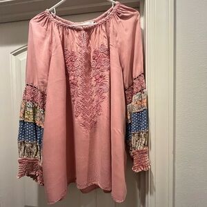 John Mark.  Boho Chic Pink Embroidered Top.